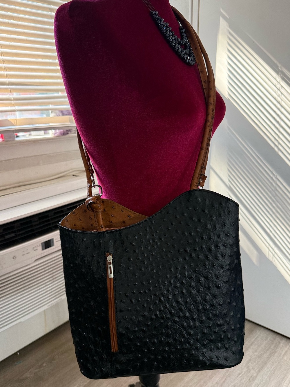 Fioretta Italian Embossed Leather Convertible Purse Tote Backpack Black Brown